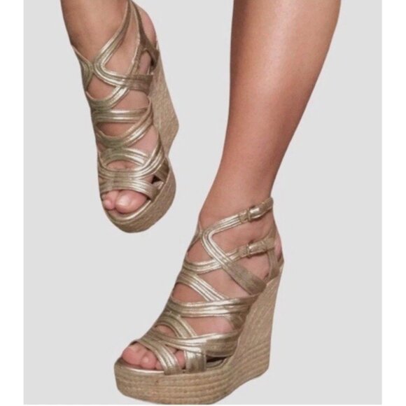 Joan David Wedge Sandals Heels Sz 10 Dasilbey Metallic Gold Leather Strappy - Picture 1 of 11
